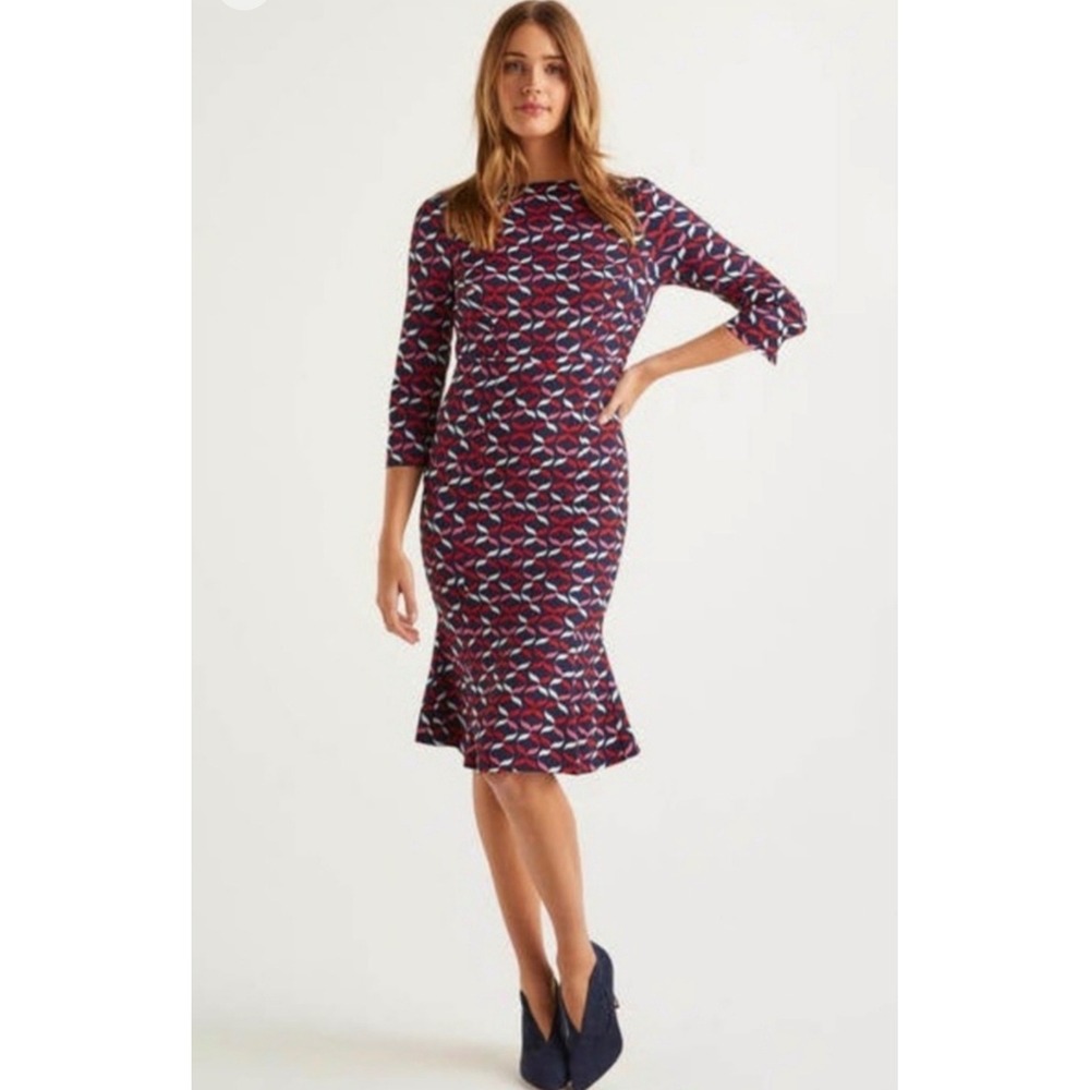 Boden Women's Violette Dress Navy Interlocking Ribbons Peplum Hem US 6R UK 10R